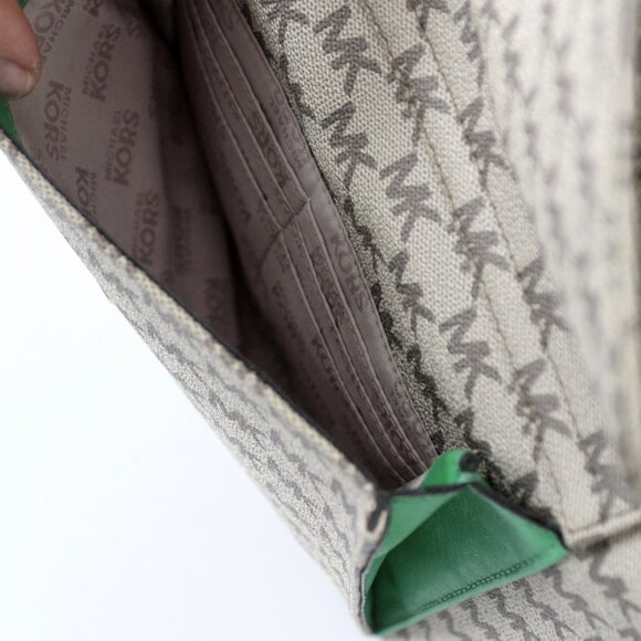 Michael Kors Monogram Canvas Tote Bag with Green Leather Handles - Picture 11 of 16